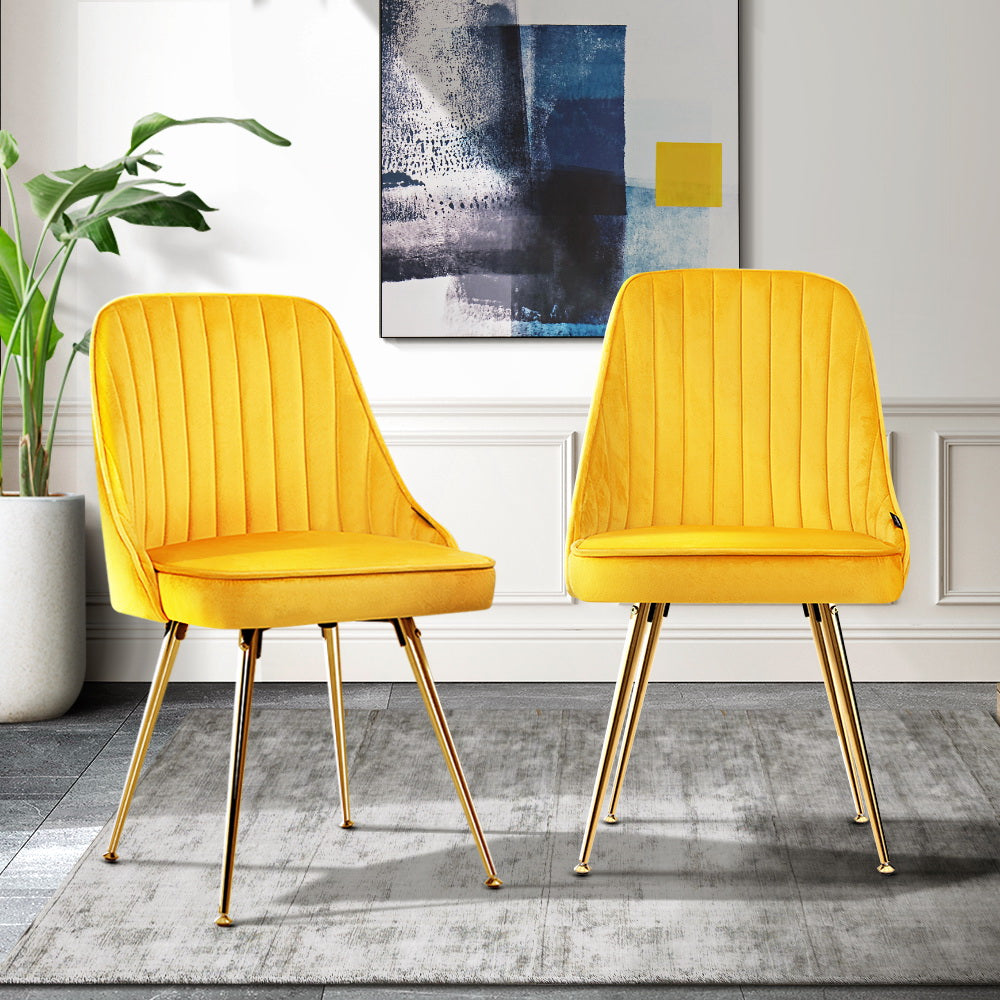 Artiss Dining Chairs Set of 2 Velvet Channel Tufted Yellow - Cosy Abode