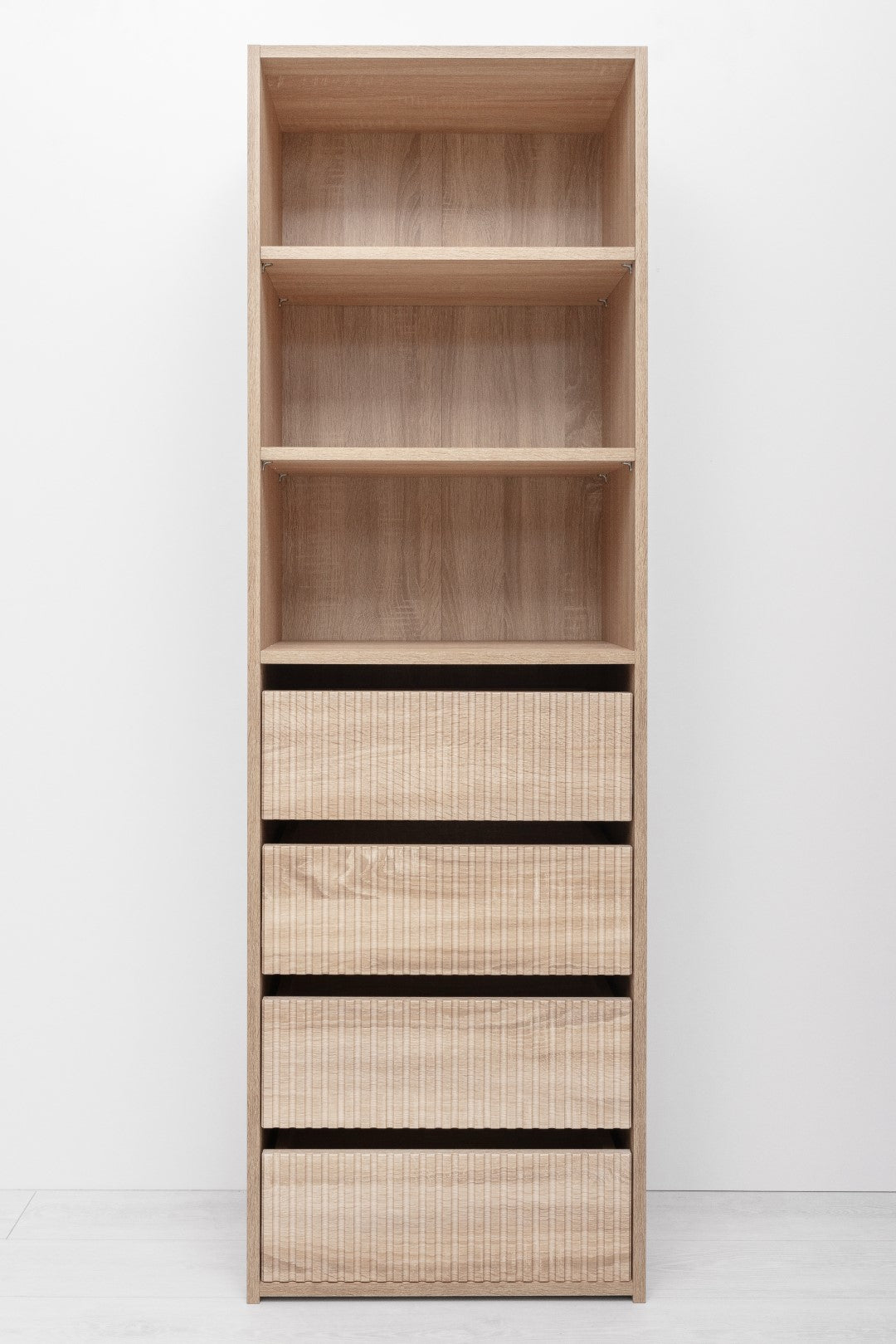 GENEVA THREE SHELF/FOUR DRAWER BUILT IN WARDROBE - FLUTED - NATURAL OAK - Cosy Abode