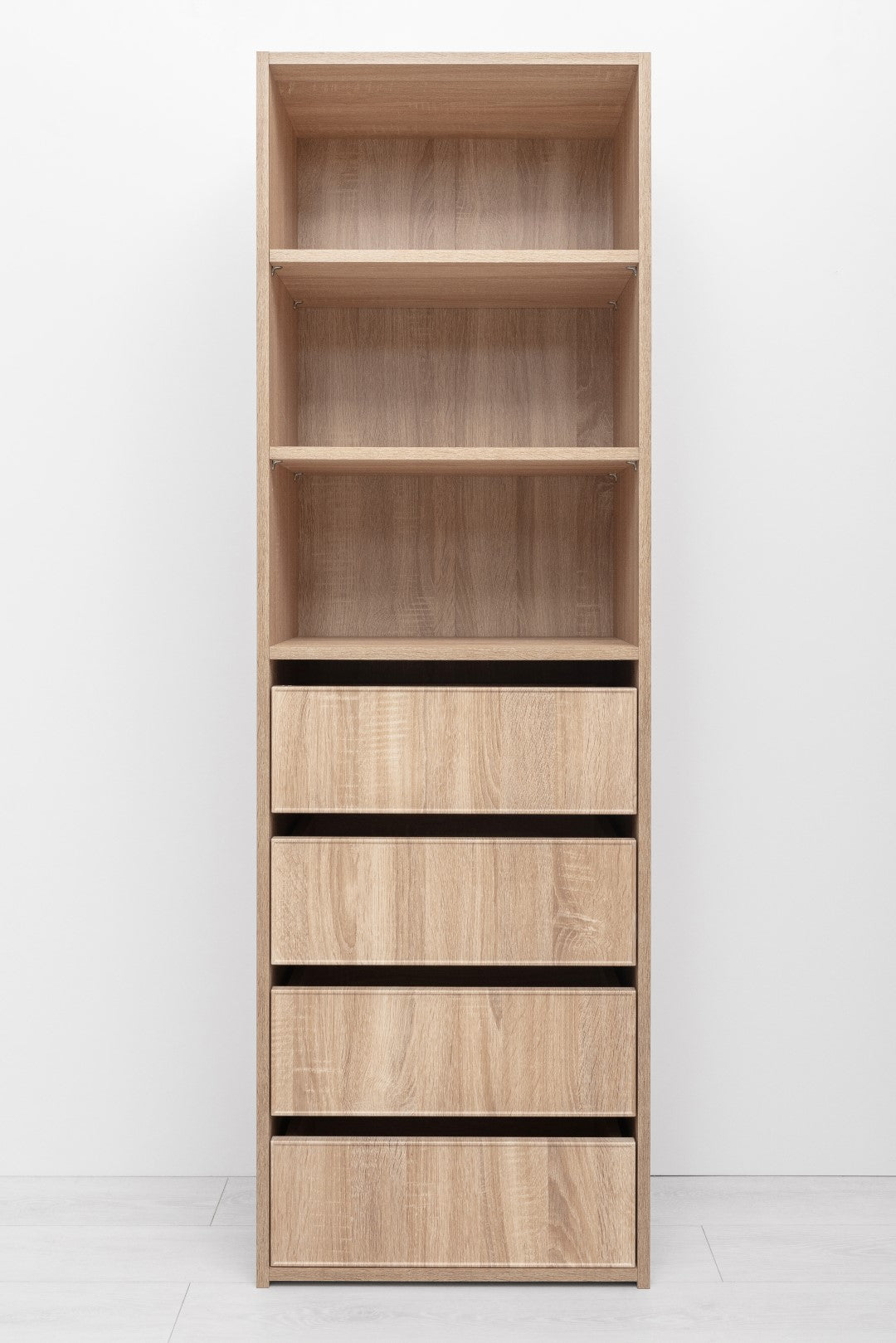 GENEVA THREE SHELF/FOUR DRAWER BUILT IN WARDROBE - SLIM SHAKER - NATURAL OAK - Cosy Abode