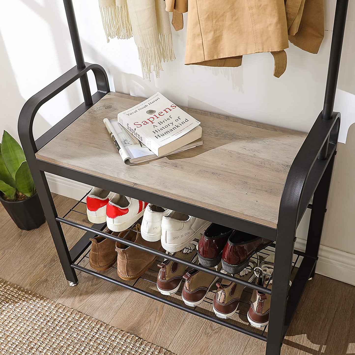 Greige and Black Steel Freestanding Coat Rack Stand with Removable Hooks, Bench and Shoe Rack, Height 183 cm - Cosy Abode