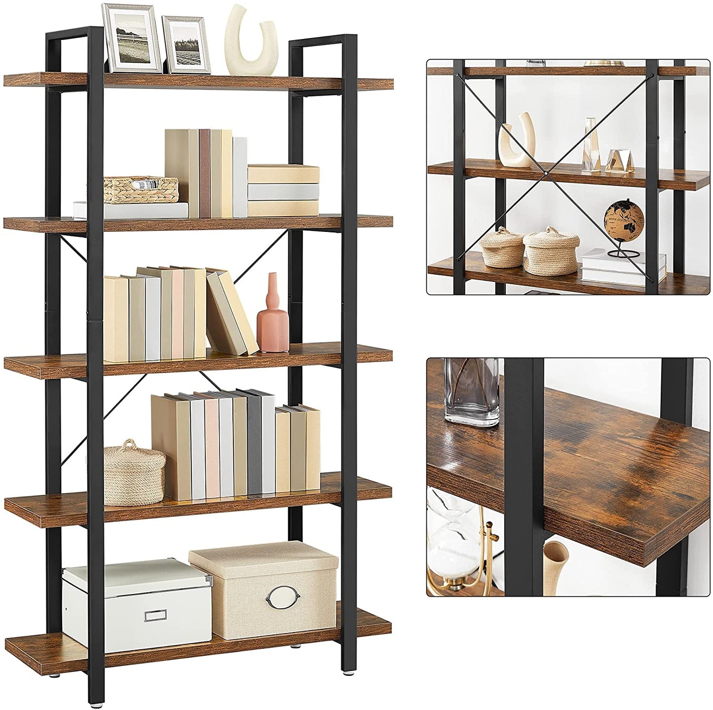 Bookshelf 5-Tier Industrial Stable Bookcase Rustic Brown and Black - Cosy Abode