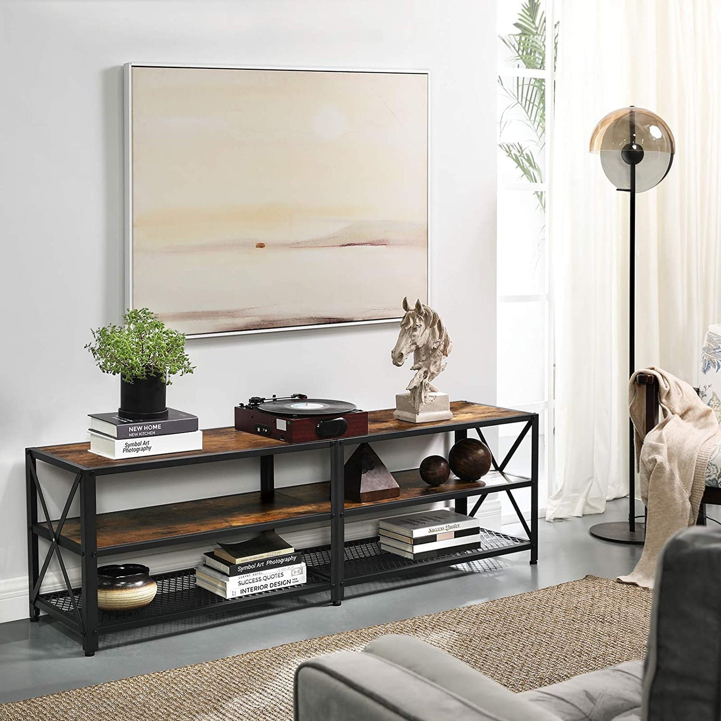 TV Stand for TV Steel Frame up to 178 cm with Shelves for Living Room and Bedroom Furniture Rustic Brown and Black - Cosy Abode
