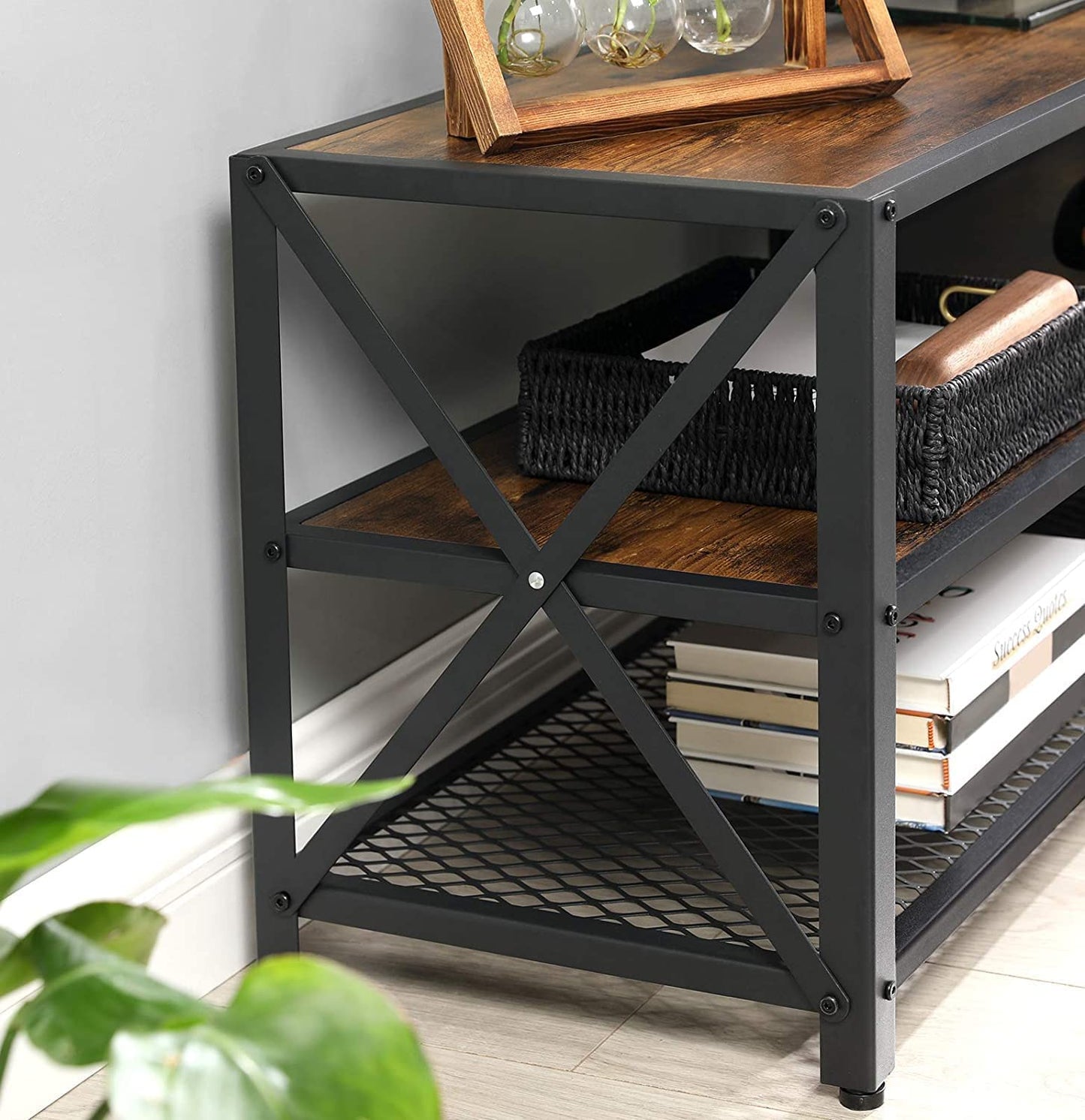 TV Stand for TV Steel Frame up to 178 cm with Shelves for Living Room and Bedroom Furniture Rustic Brown and Black - Cosy Abode