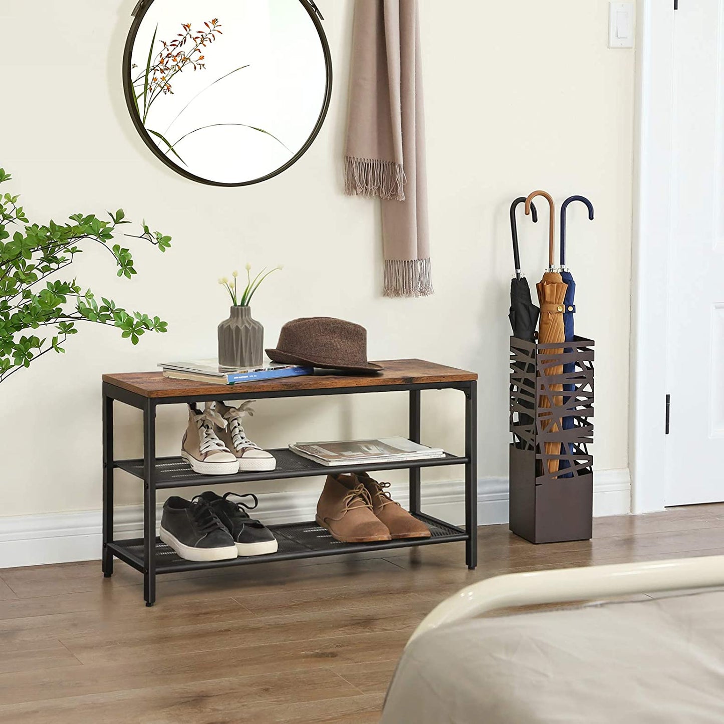 Shoe Rack with 2 Mesh Shelves, Rustic Brown and Black - Cosy Abode