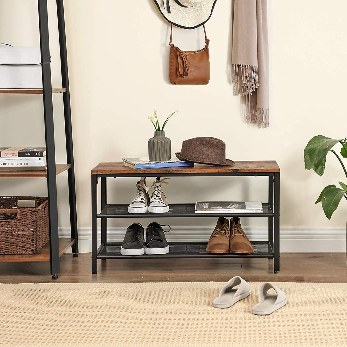 Shoe Rack with 2 Mesh Shelves, Rustic Brown and Black - Cosy Abode
