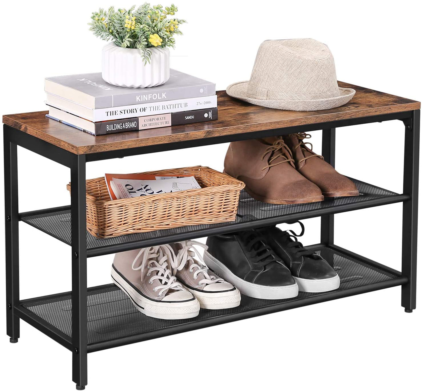 Shoe Rack with 2 Mesh Shelves, Rustic Brown and Black - Cosy Abode