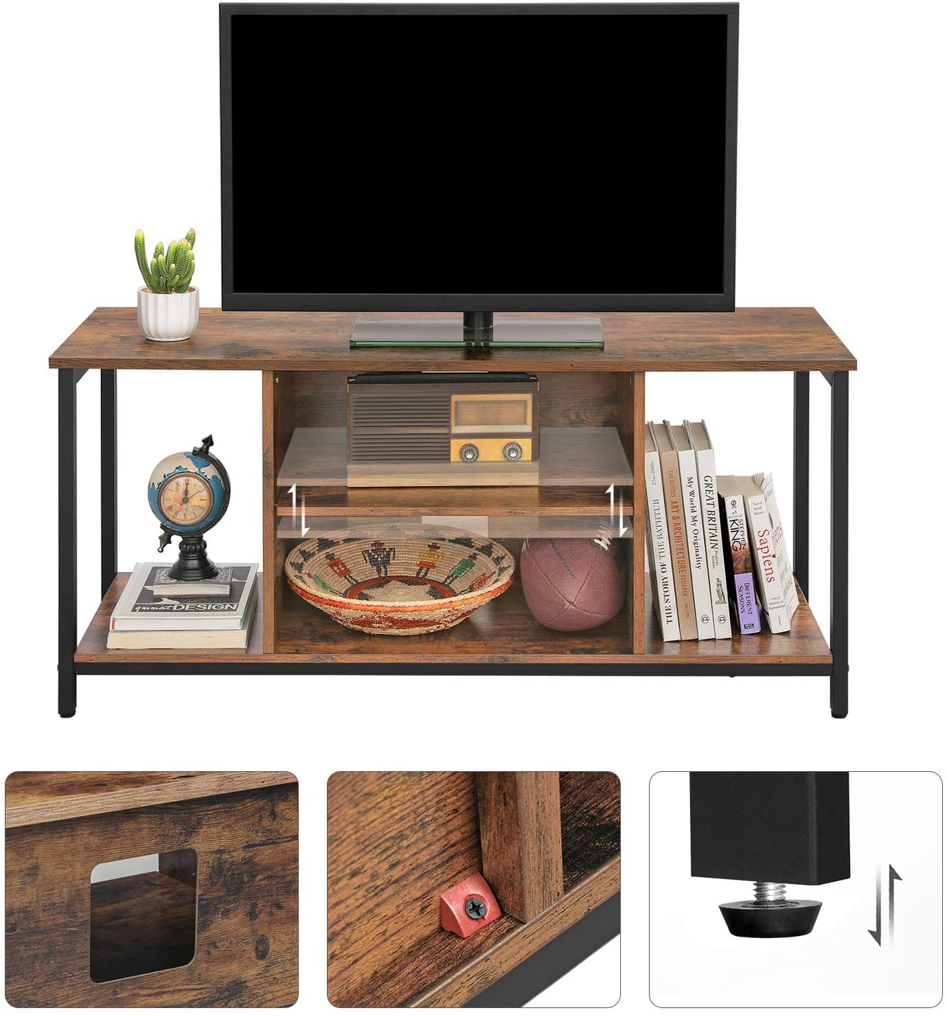 TV Console Unit with Open Storage Rustic Brown and Black Industrial - Cosy Abode
