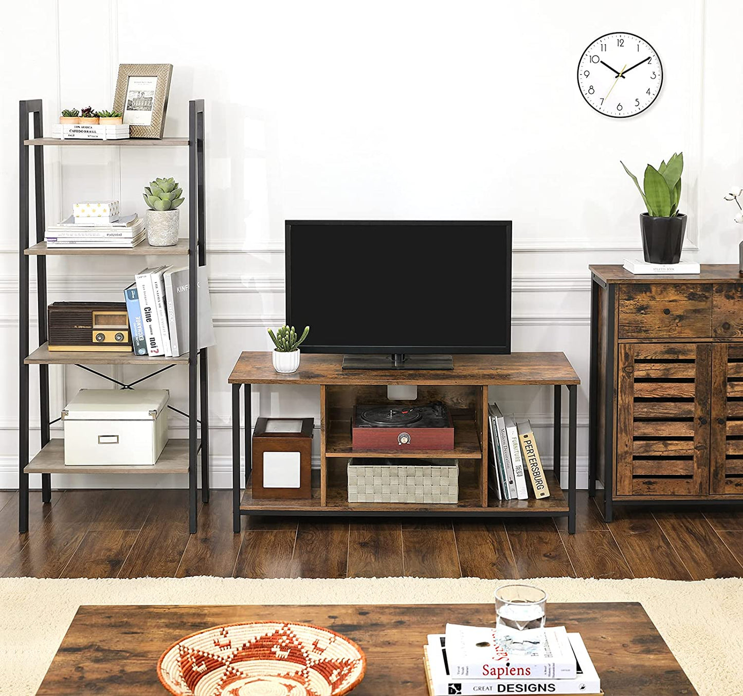 TV Console Unit with Open Storage Rustic Brown and Black Industrial - Cosy Abode