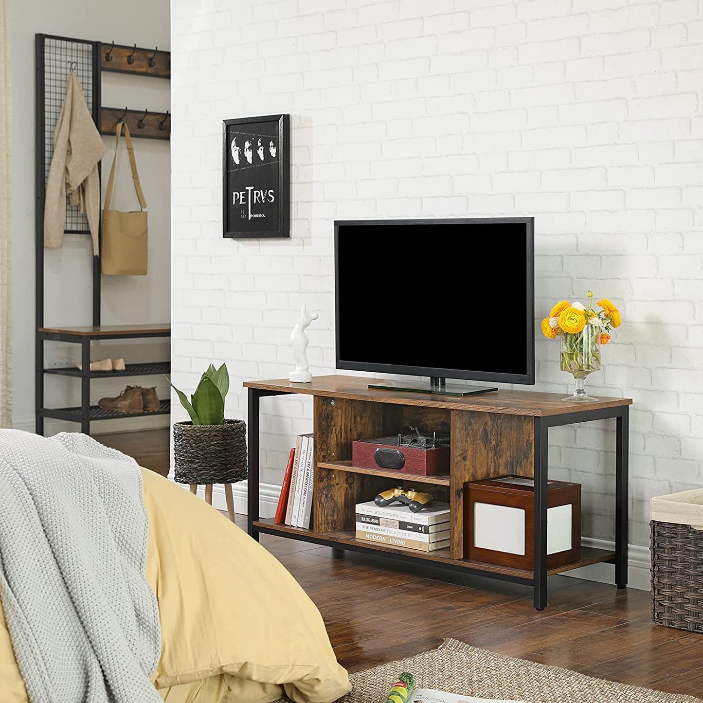 TV Console Unit with Open Storage Rustic Brown and Black Industrial - Cosy Abode