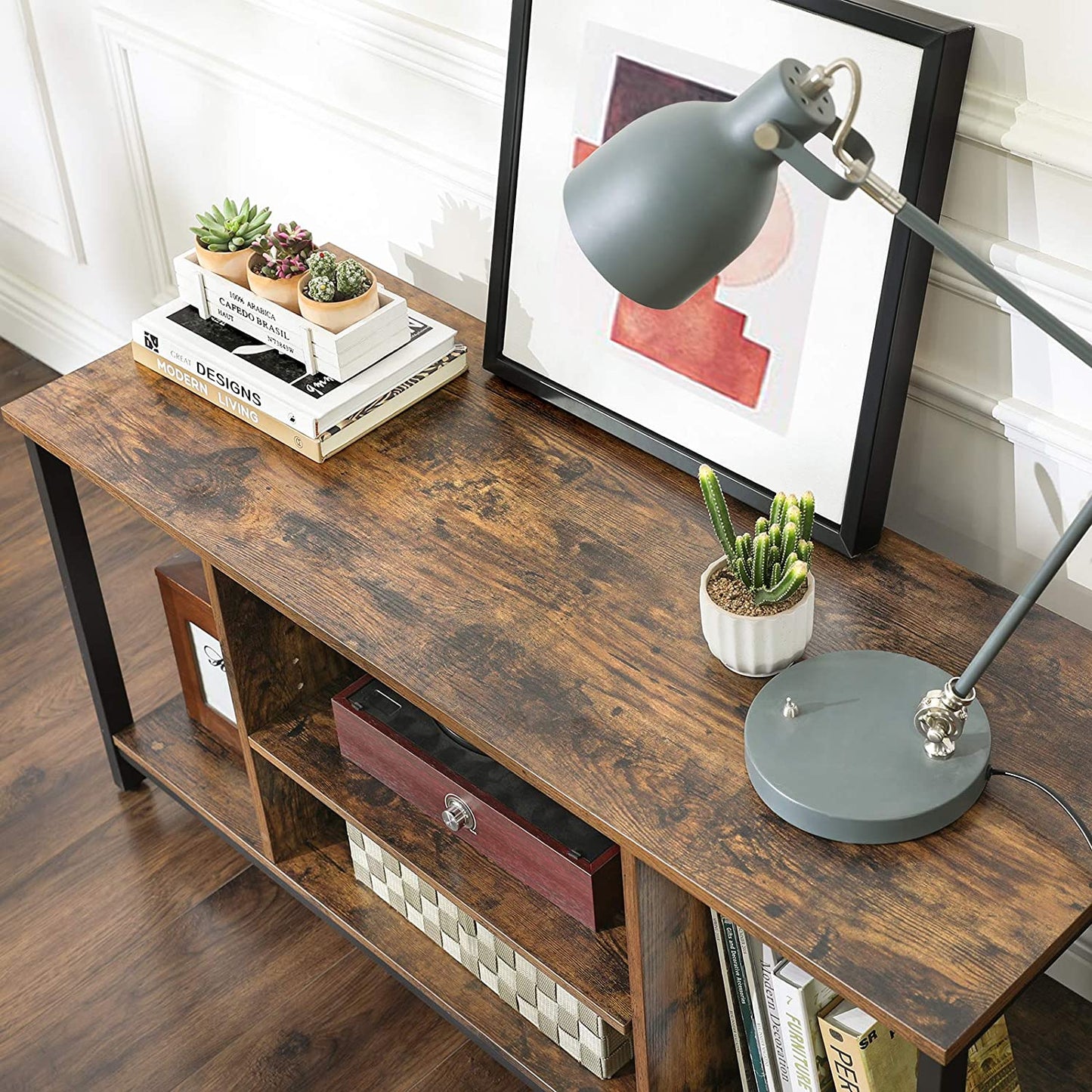 TV Console Unit with Open Storage Rustic Brown and Black Industrial - Cosy Abode