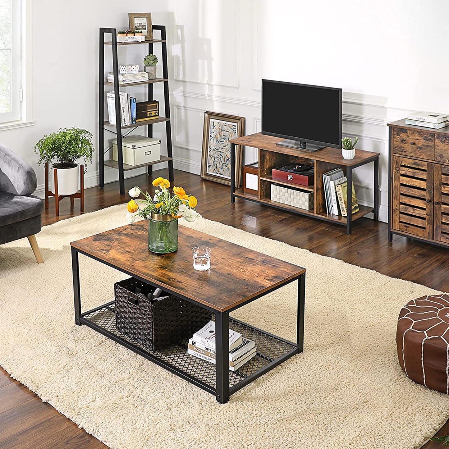 TV Console Unit with Open Storage Rustic Brown and Black Industrial - Cosy Abode
