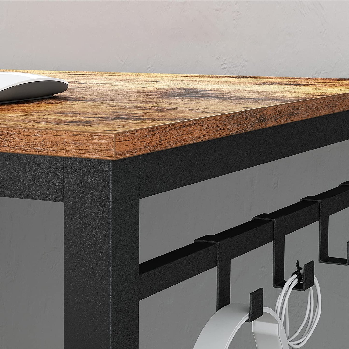Home Office Desk with 8 Hooks 140 x 60 x 75 cm Rustic Brown and Black - Cosy Abode