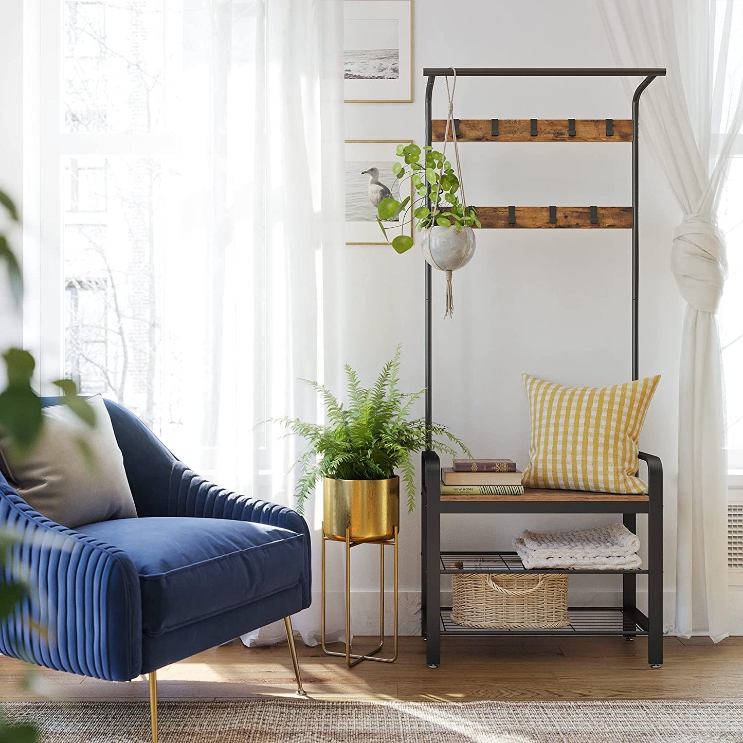 Vintage Coat Rack Shoe Bench, Wood Look Accent Furniture and Metal Frame - Cosy Abode