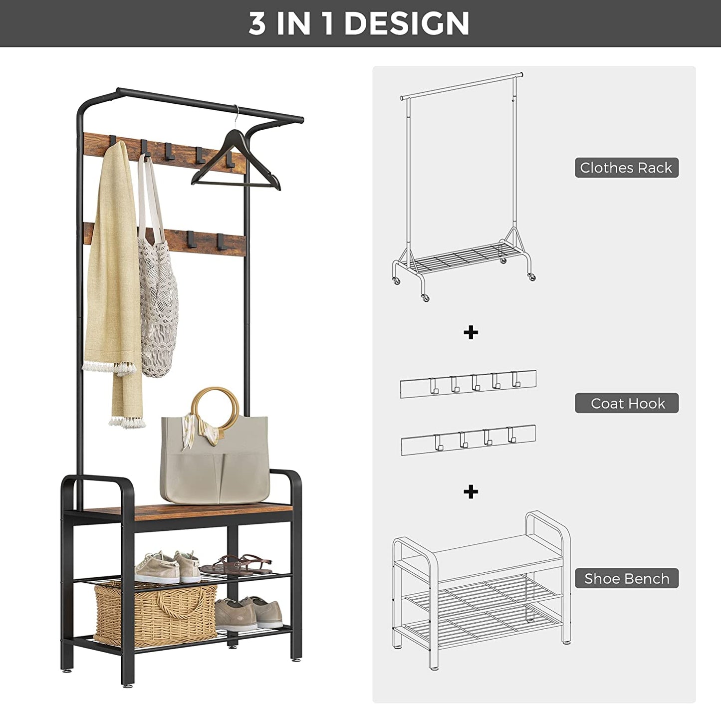 Vintage Coat Rack Shoe Bench, Wood Look Accent Furniture and Metal Frame - Cosy Abode