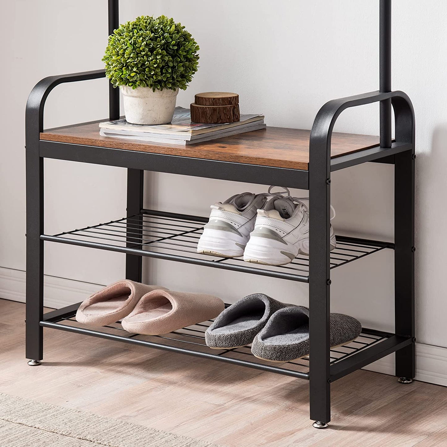 Vintage Coat Rack Shoe Bench, Wood Look Accent Furniture and Metal Frame - Cosy Abode