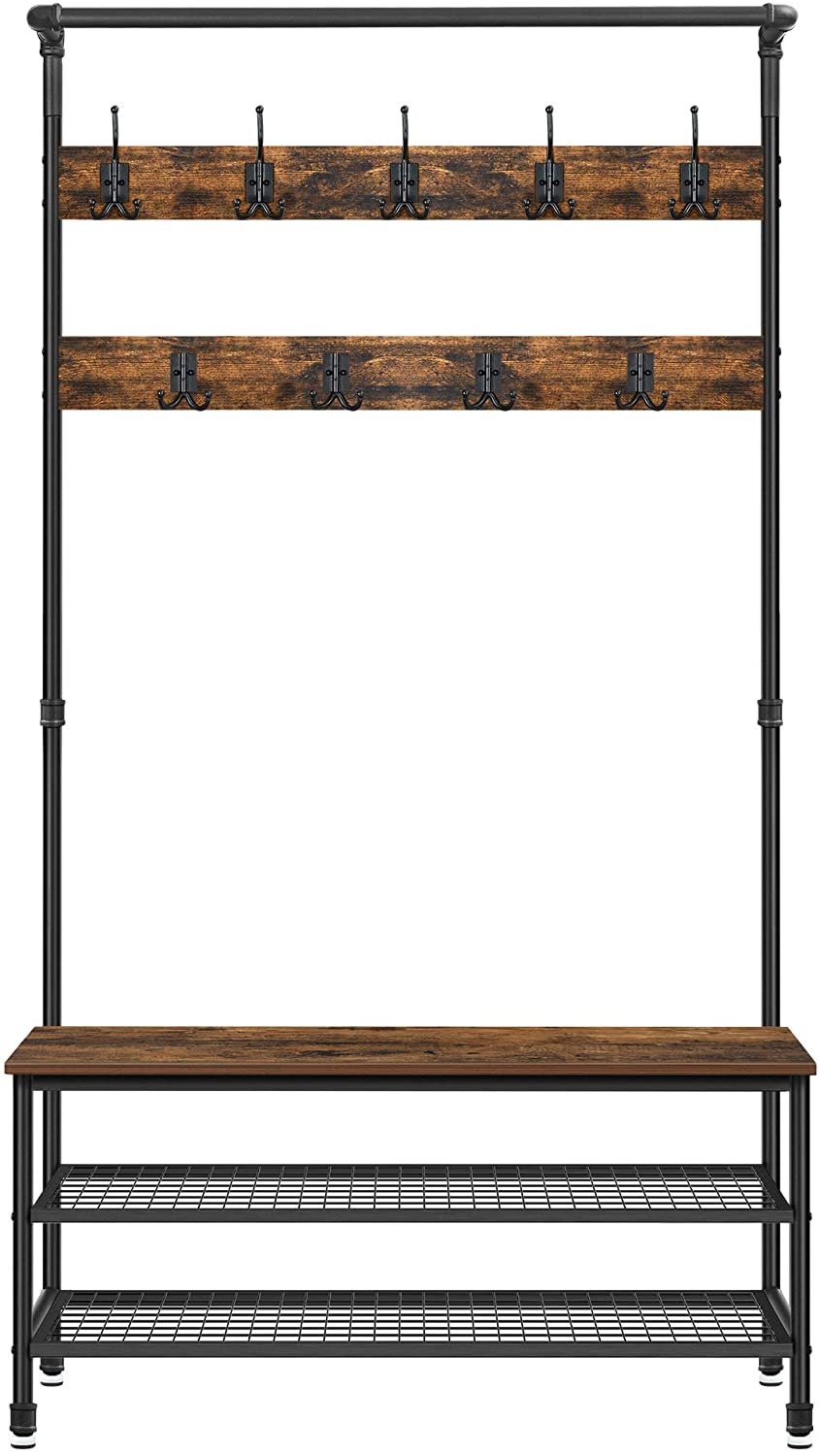 Coat Rack Stand with 9 Hooks and Shoe Rack with Industrial Style Sturdy Steel Frame - Cosy Abode