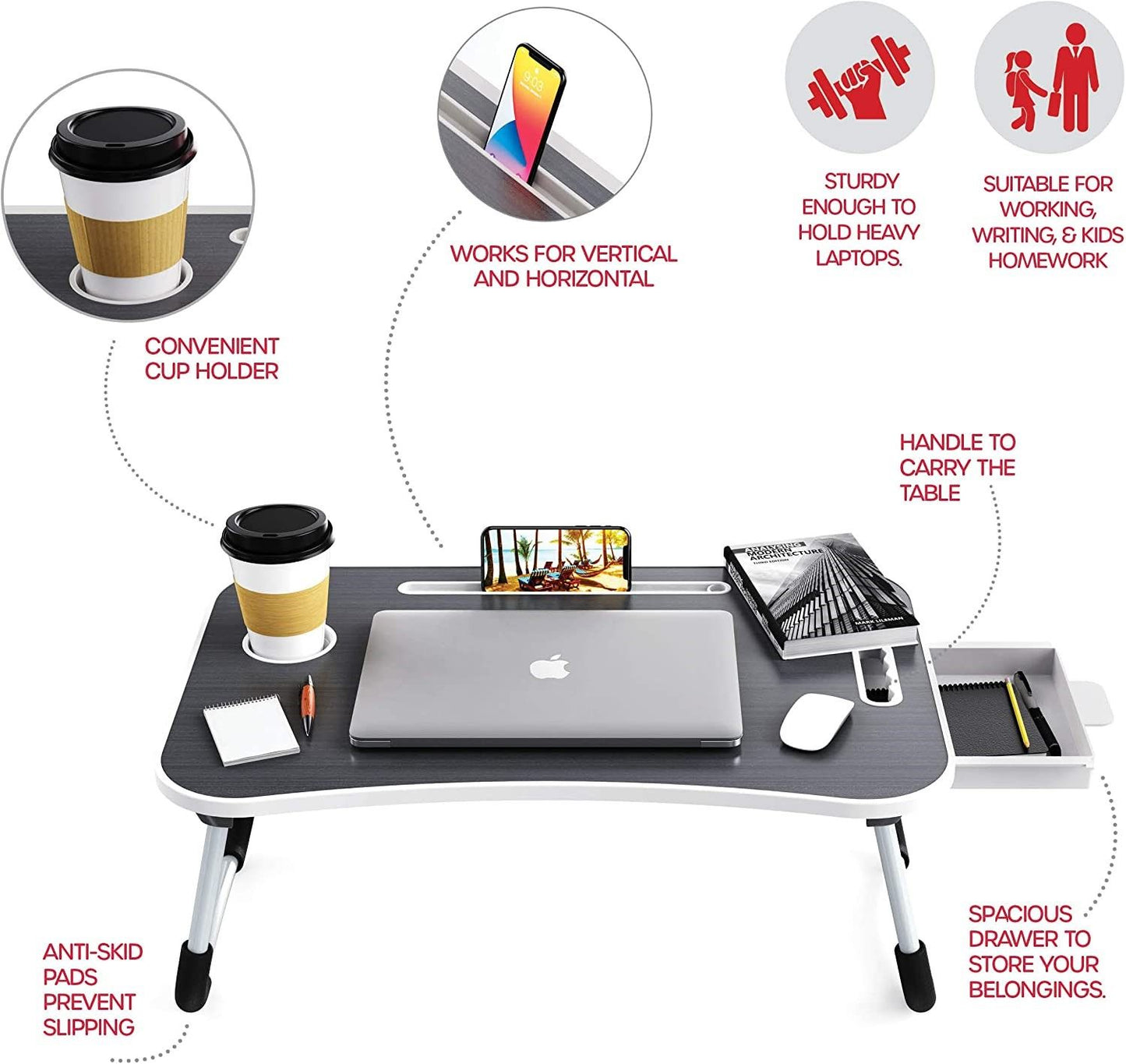 Laptop Bed Desk with Storage and foldable legs for Adults, Kids & Home Office - Cosy Abode