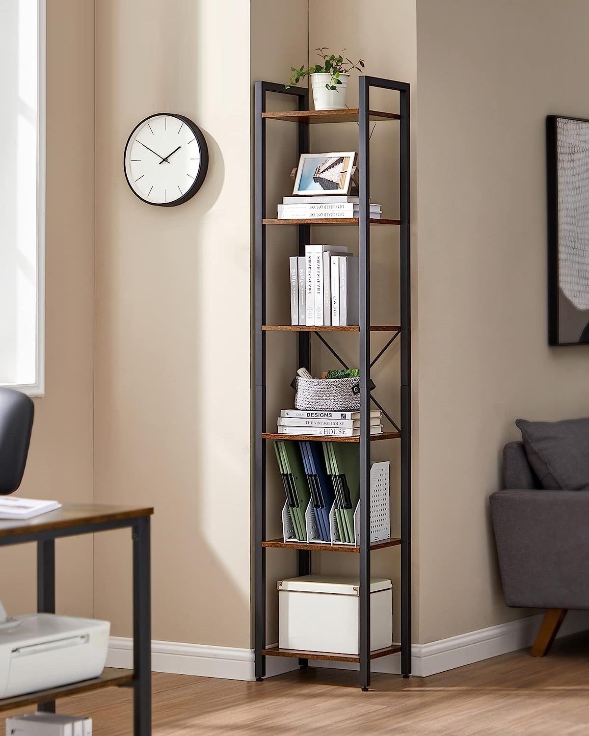 Small 6-Tier Industrial Bookshelf, Rustic Brown, Black - Cosy Abode