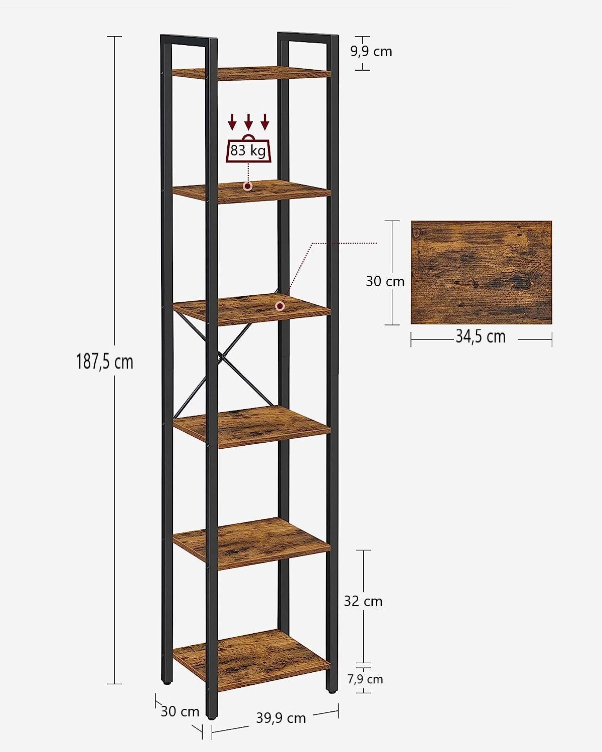 Small 6-Tier Industrial Bookshelf, Rustic Brown, Black - Cosy Abode