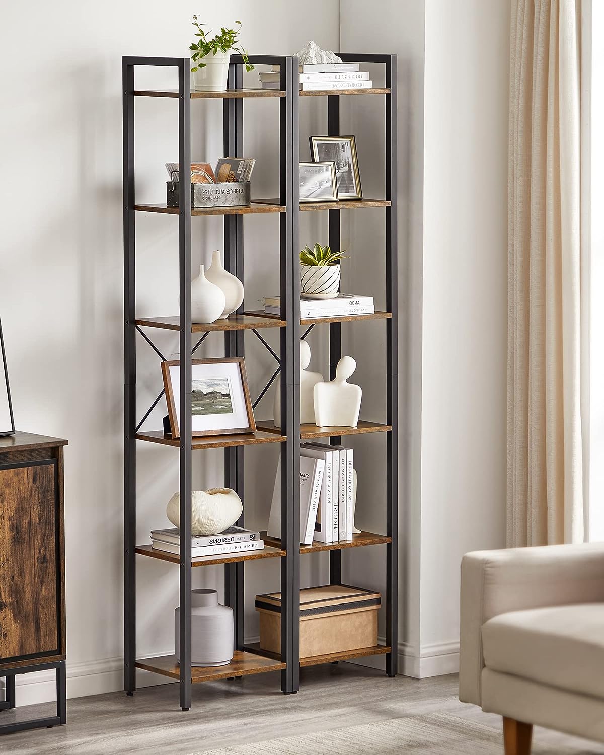 Small 6-Tier Industrial Bookshelf, Rustic Brown, Black - Cosy Abode