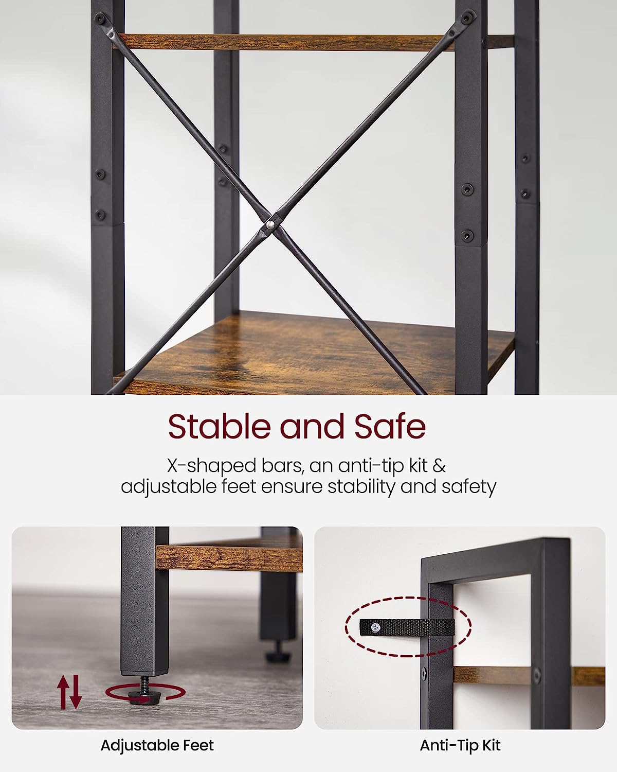 Small 6-Tier Industrial Bookshelf, Rustic Brown, Black - Cosy Abode
