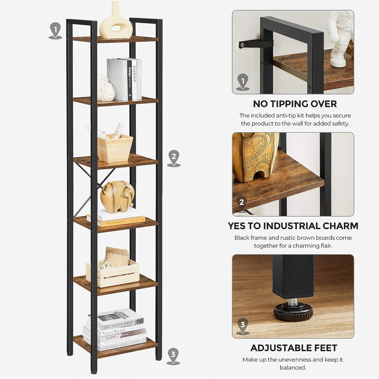 Small 6-Tier Industrial Bookshelf, Rustic Brown, Black - Cosy Abode