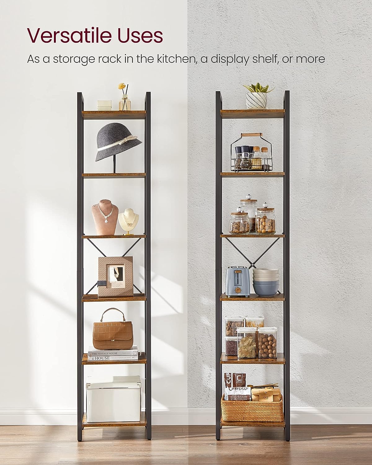 Small 6-Tier Industrial Bookshelf, Rustic Brown, Black - Cosy Abode