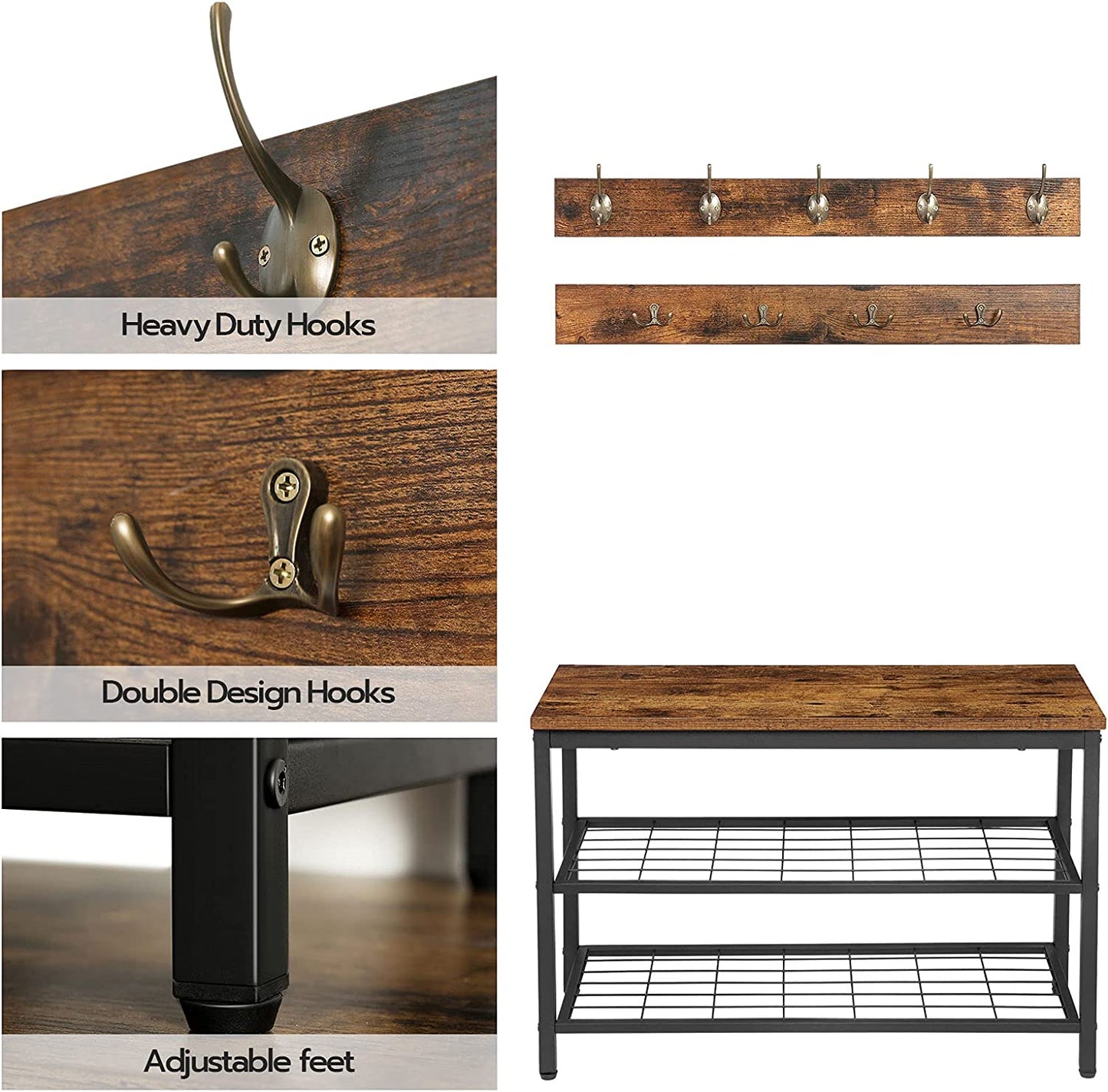 Industrial Design Entryway Shoe Rack with Coat Hooks Organizer (Brown) - Cosy Abode
