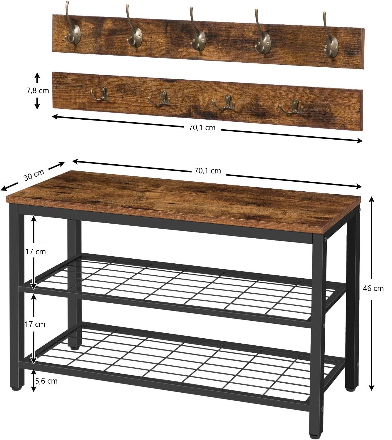 Industrial Design Entryway Shoe Rack with Coat Hooks Organizer (Brown) - Cosy Abode