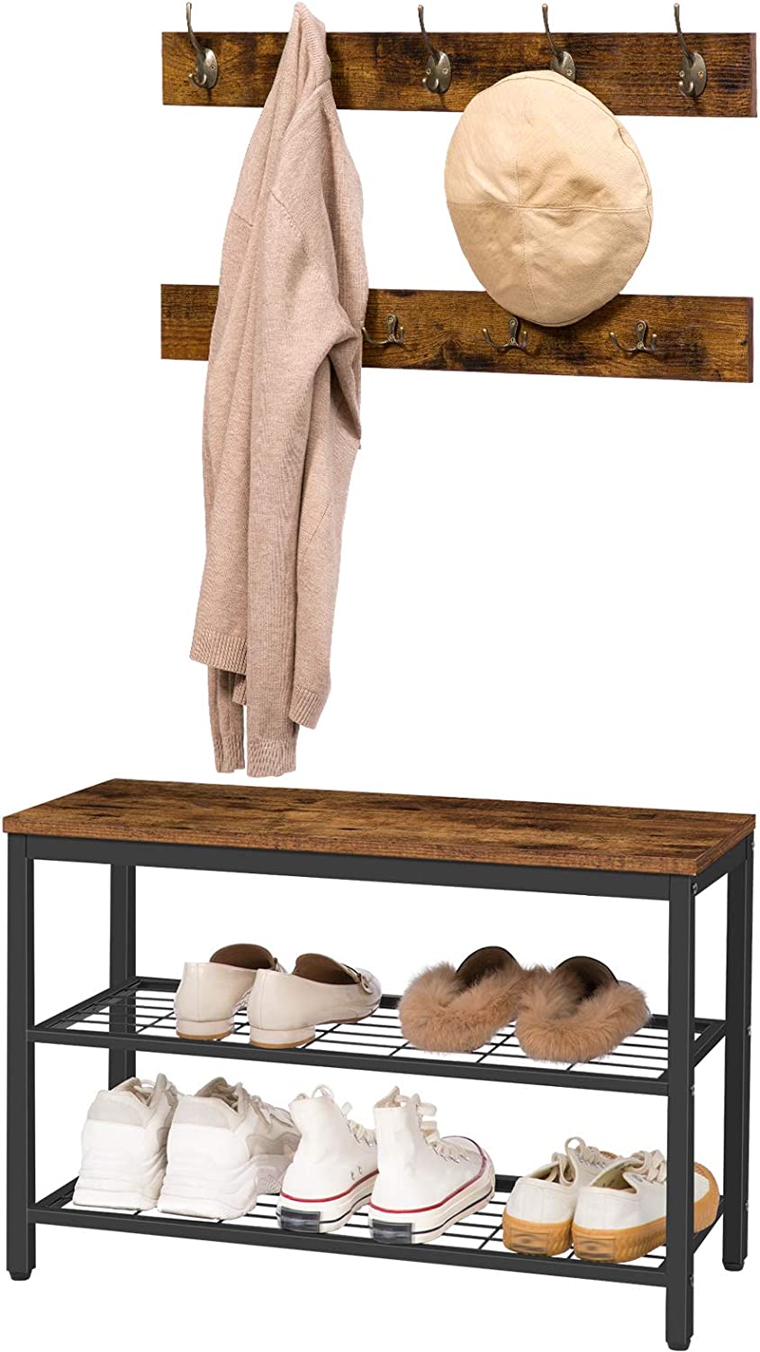 Industrial Design Entryway Shoe Rack with Coat Hooks Organizer (Brown) - Cosy Abode