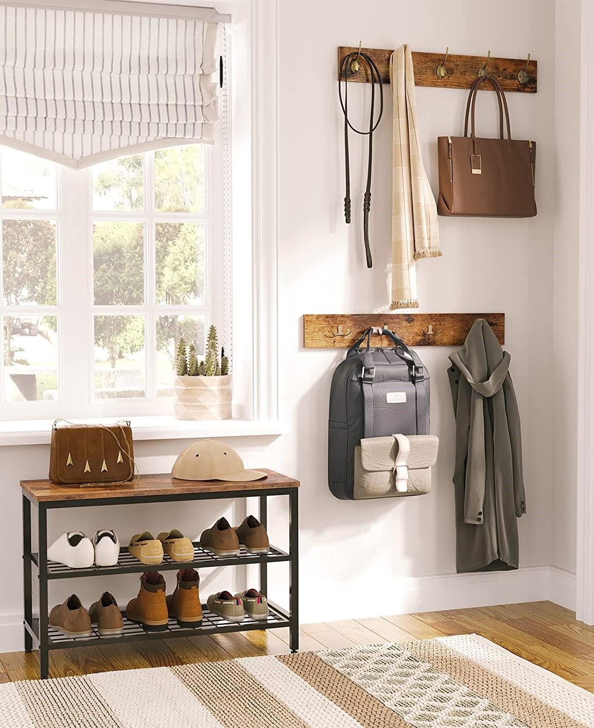 Industrial Design Entryway Shoe Rack with Coat Hooks Organizer (Brown) - Cosy Abode