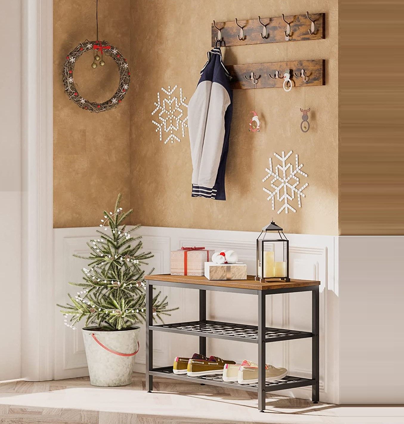 Industrial Design Entryway Shoe Rack with Coat Hooks Organizer (Brown) - Cosy Abode