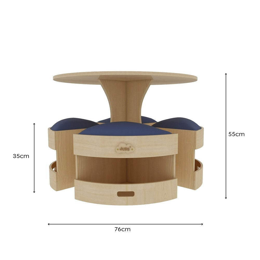 Jooyes Kids Round Wooden Table with Storage Stools Blue - Set Of 5 - Cosy Abode