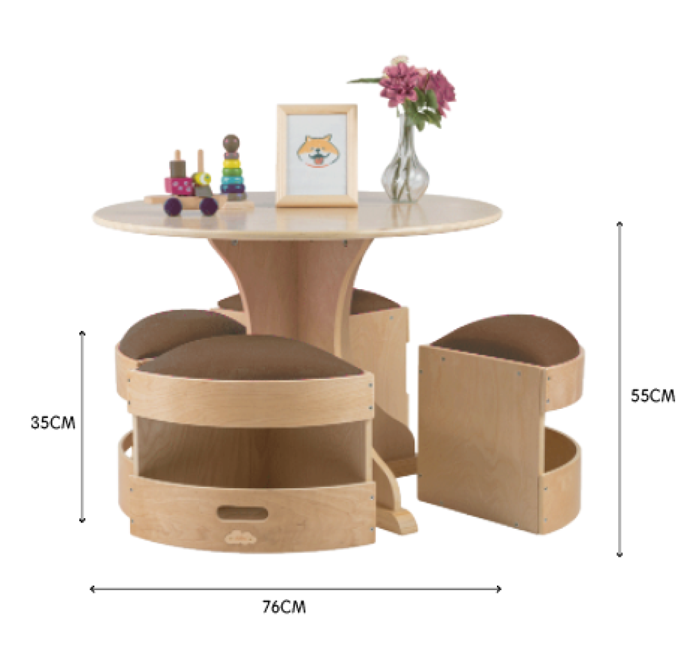 Jooyes Kids Round Wooden Table with Storage Stools Brown - Set Of 5 - Cosy Abode