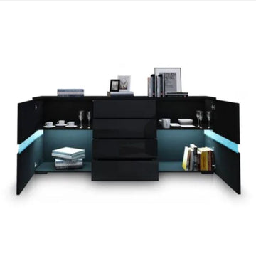 Buffet Sideboard Cabinet High Gloss RGB LED Storage Cupboard with 2 Doors & 4 Drawers Black - Cosy Abode