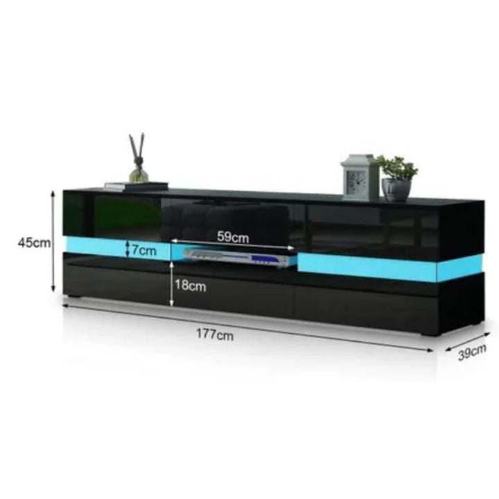 Modern High Gloss Front TV Entertainment Unit 177cm LED Storage Drawer - Black - Cosy Abode