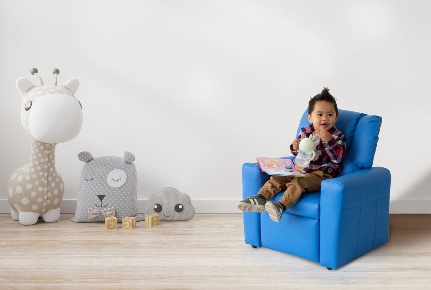 Blue Kids push back recliner chair with cup holder - Cosy Abode