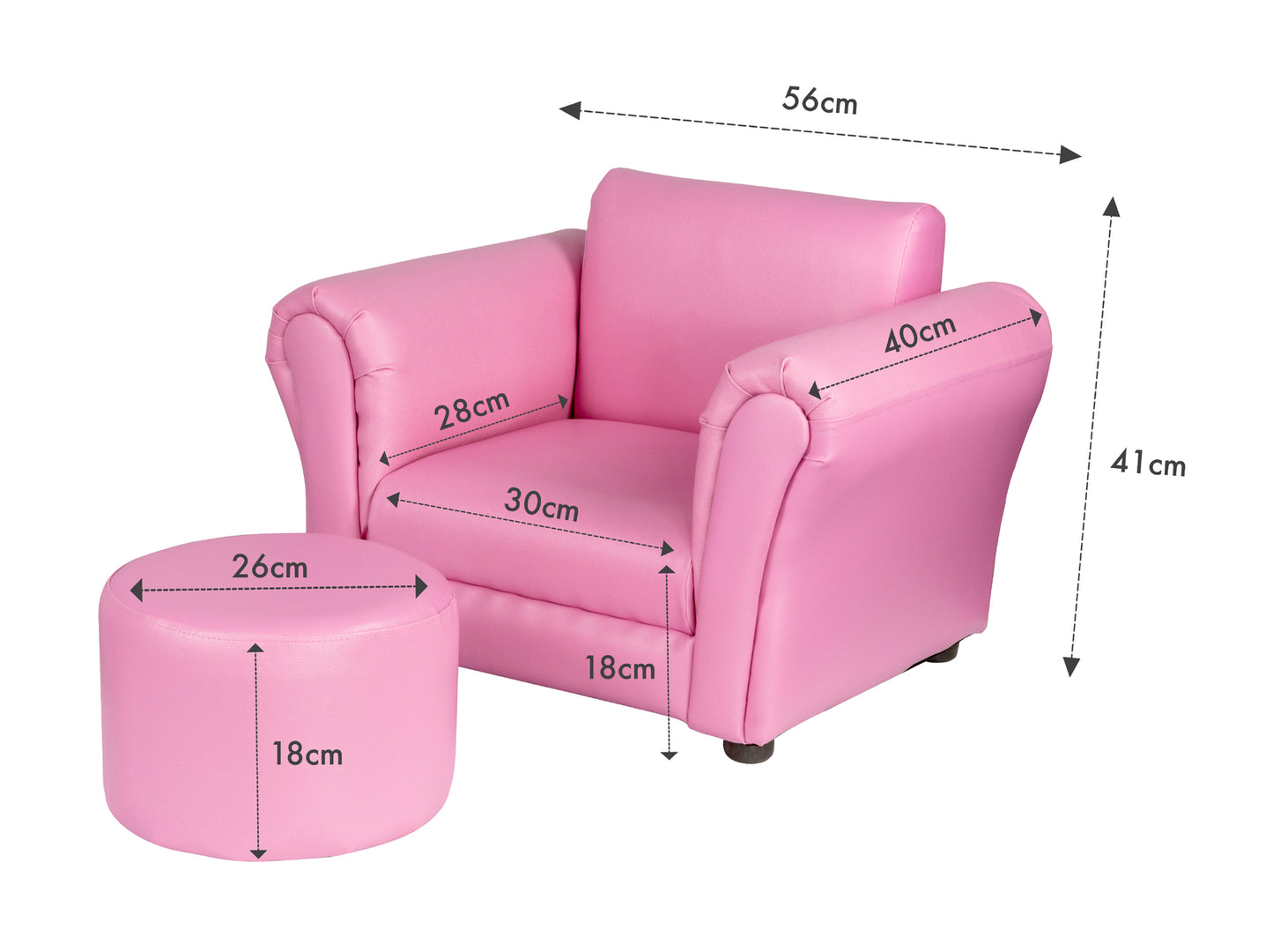 Kids Pink Couch Sofa Chair w/ Footstool in PU Leather - Cosy Abode