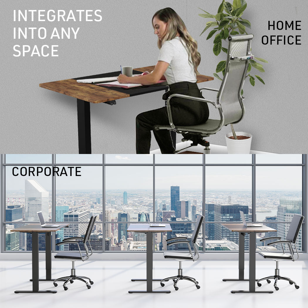 Fortia Sit To Stand Up Standing Desk, 120x60cm, 72-118cm Electric Height Adjustable, 70kg Rated, Walnut Style/Black Frame - Cosy Abode