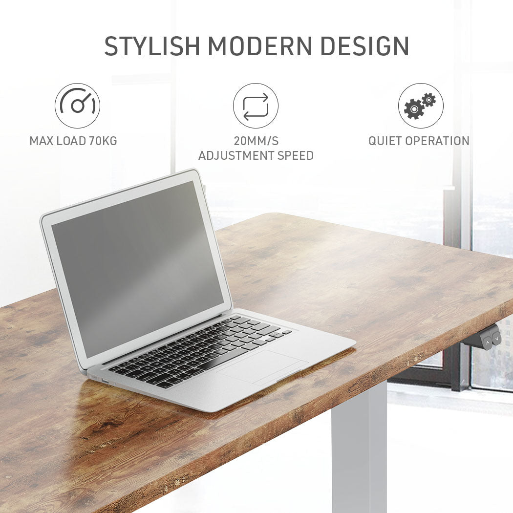 Fortia Sit To Stand Up Standing Desk, 140x60cm, 72-118cm Electric Height Adjustable, 70kg Load, Oak Style/Silver Frame - Cosy Abode
