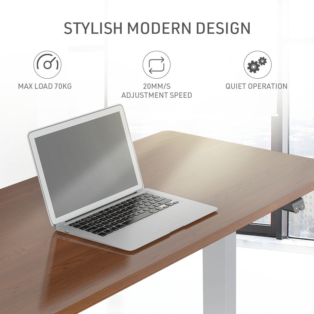 Fortia Sit To Stand Up Standing Desk, 120x60cm, 72-118cm Electric Height Adjustable, 70kg Load, Walnut Style/Silver Frame - Cosy Abode