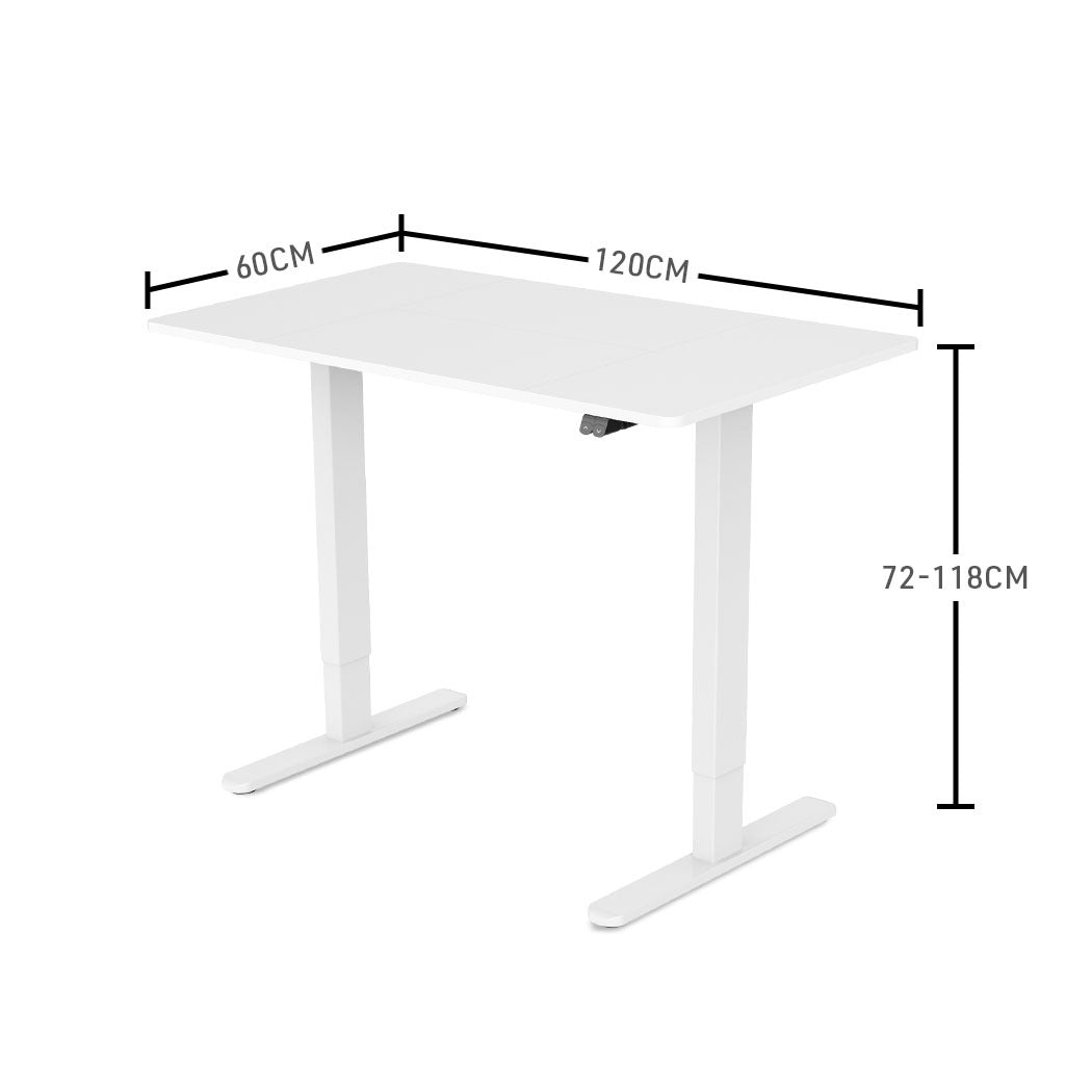 Fortia Sit To Stand Up Standing Desk, 120x60cm, 72-118cm Electric Height Adjustable, 70kg Rated, White/White Frame - Cosy Abode
