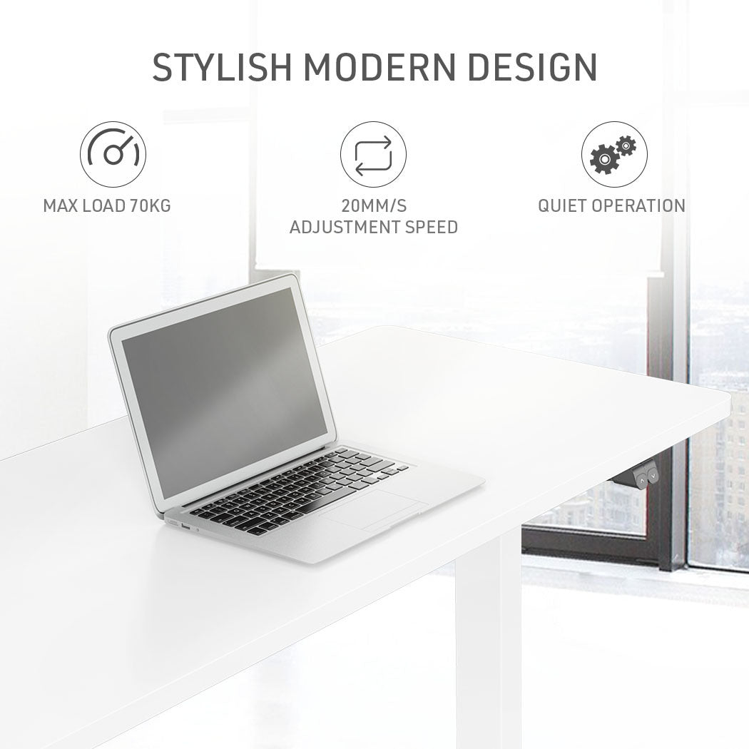 Fortia Sit To Stand Up Standing Desk, 140x60cm, 72-118cm Electric Height Adjustable, 70kg Load, White/White Frame - Cosy Abode