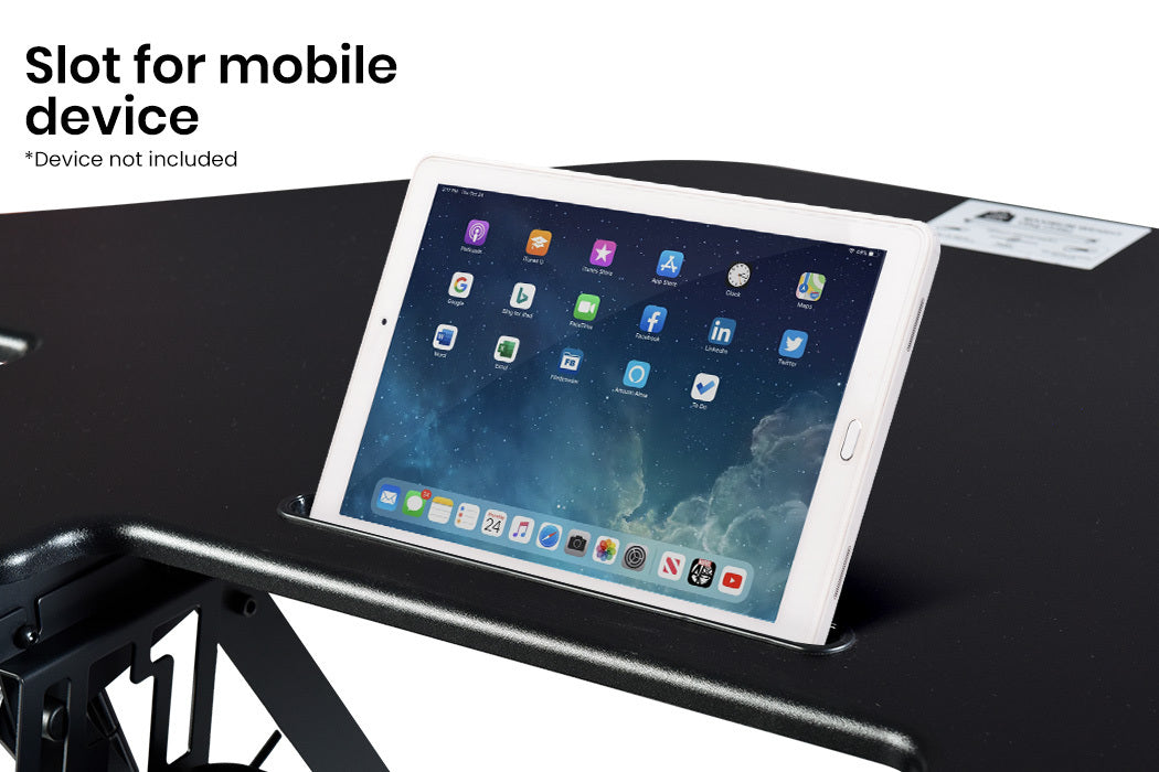 Fortia Corner Desk Riser 110cm Wide Adjustable Sit to Stand for Dual Monitor, Keyboard, Laptop, Black - Cosy Abode