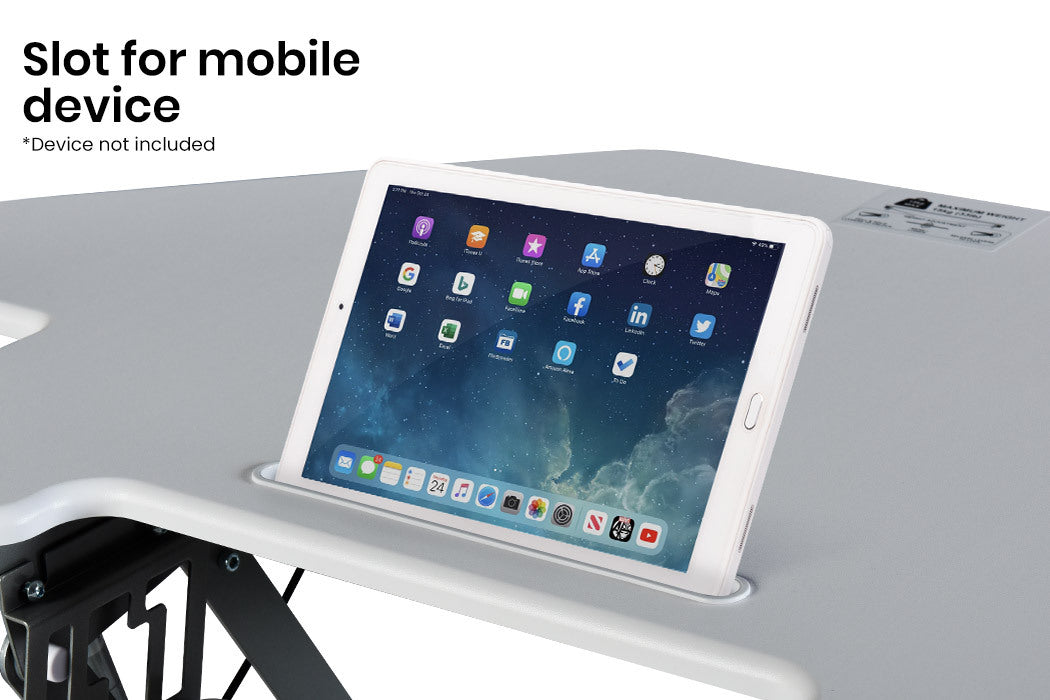 Fortia Corner Desk Riser 110cm Wide Adjustable Sit to Stand for Dual Monitor, Keyboard, Laptop, White - Cosy Abode