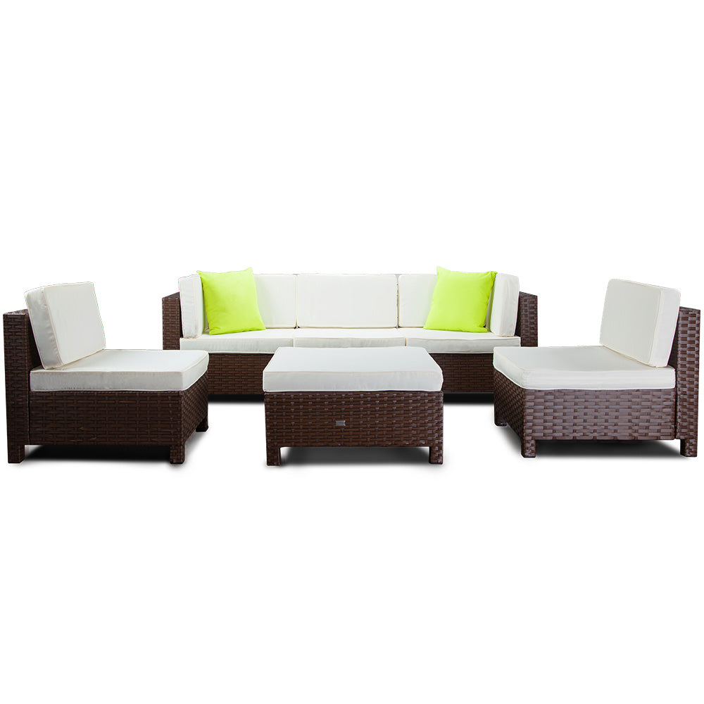 LONDON RATTAN 6pc Outdoor Furniture Setting Wicker Lounge Sofa Set Ottoman Brown - Cosy Abode