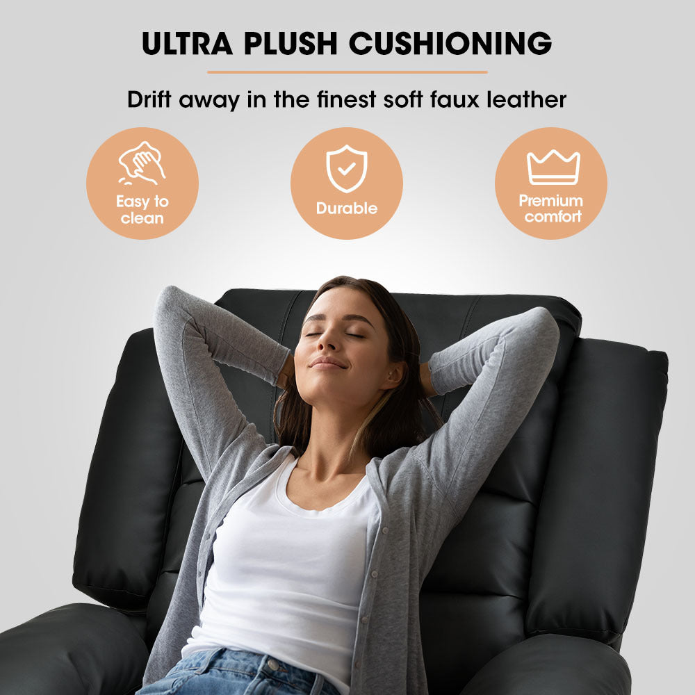 FORTIA Luxury Recliner Lounge Chair, Single Faux Leather Armchair, for Home Theatre Cinema, Elderly, Black - Cosy Abode