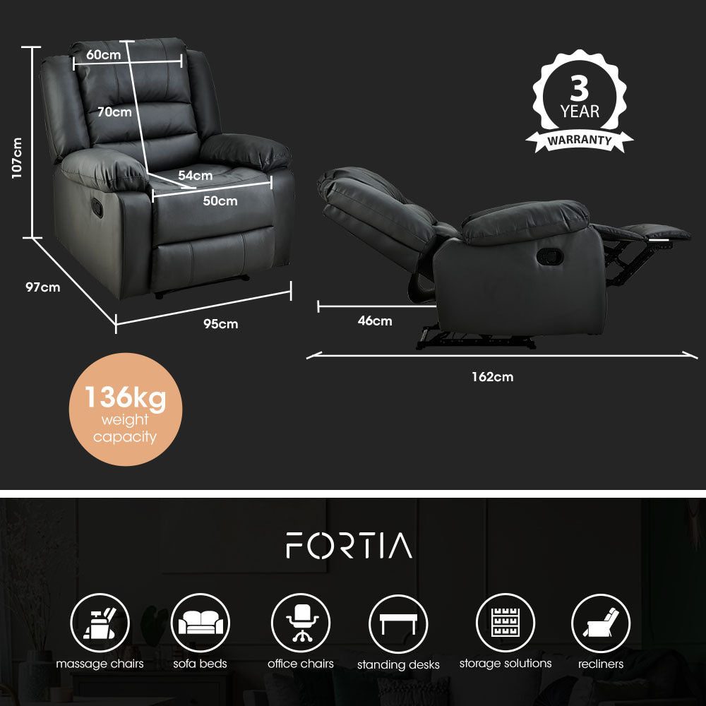 FORTIA Luxury Recliner Lounge Chair, Single Faux Leather Armchair, for Home Theatre Cinema, Elderly, Black - Cosy Abode