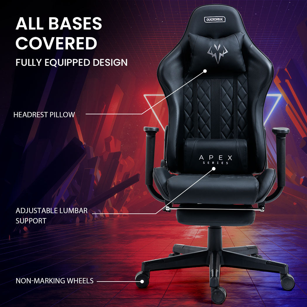 OVERDRIVE Apex Series Reclining Gaming Ergonomic Office Chair with Footrest, Black - Cosy Abode