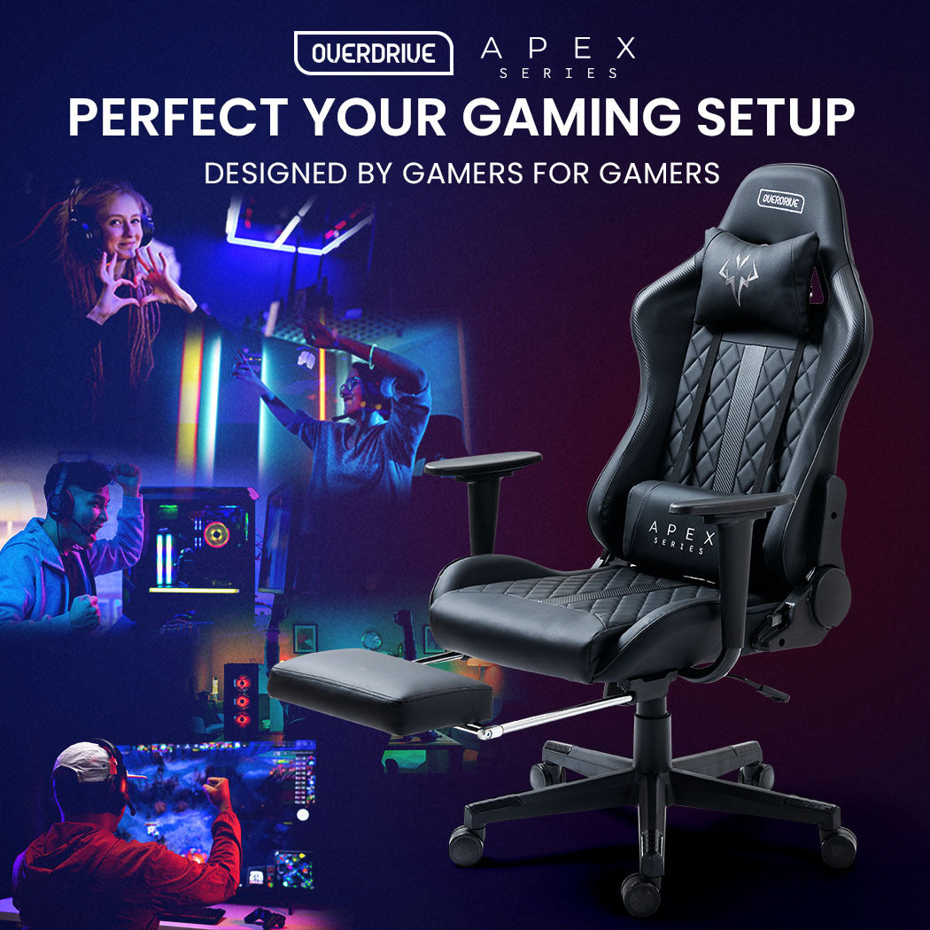 OVERDRIVE Apex Series Reclining Gaming Ergonomic Office Chair with Footrest, Black - Cosy Abode